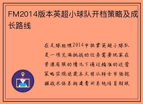 FM2014版本英超小球队开档策略及成长路线